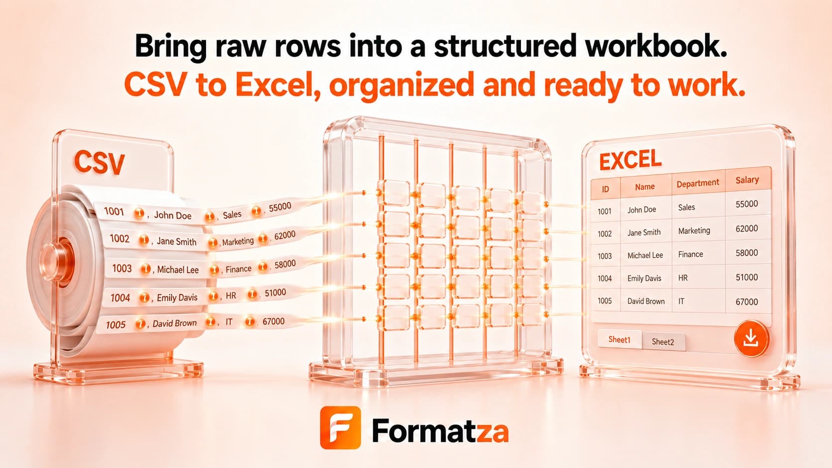 Illustration showing CSV data converted into an Excel workbook
