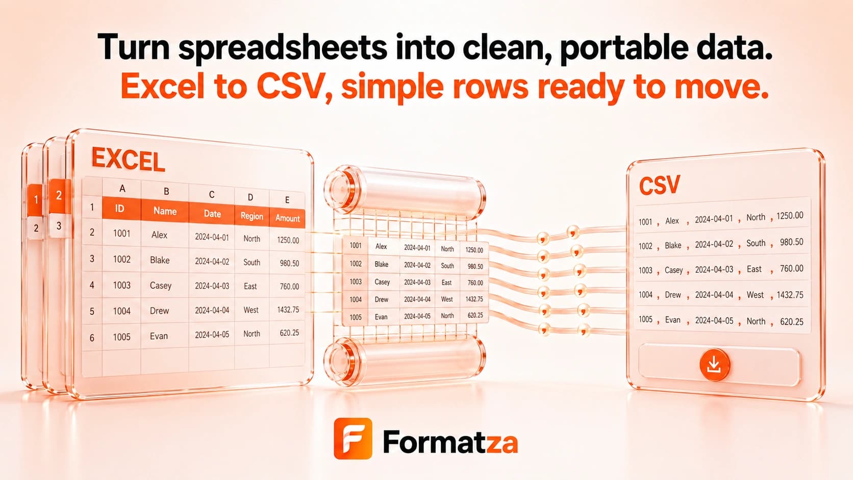 Illustration showing an Excel worksheet converted into a CSV file