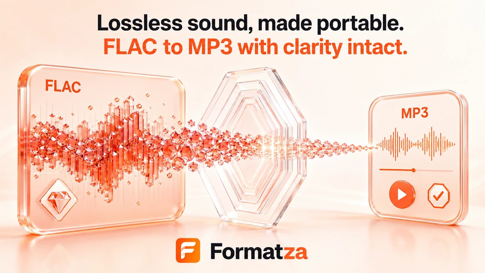 Illustration showing a FLAC audio file converted into the MP3 format
