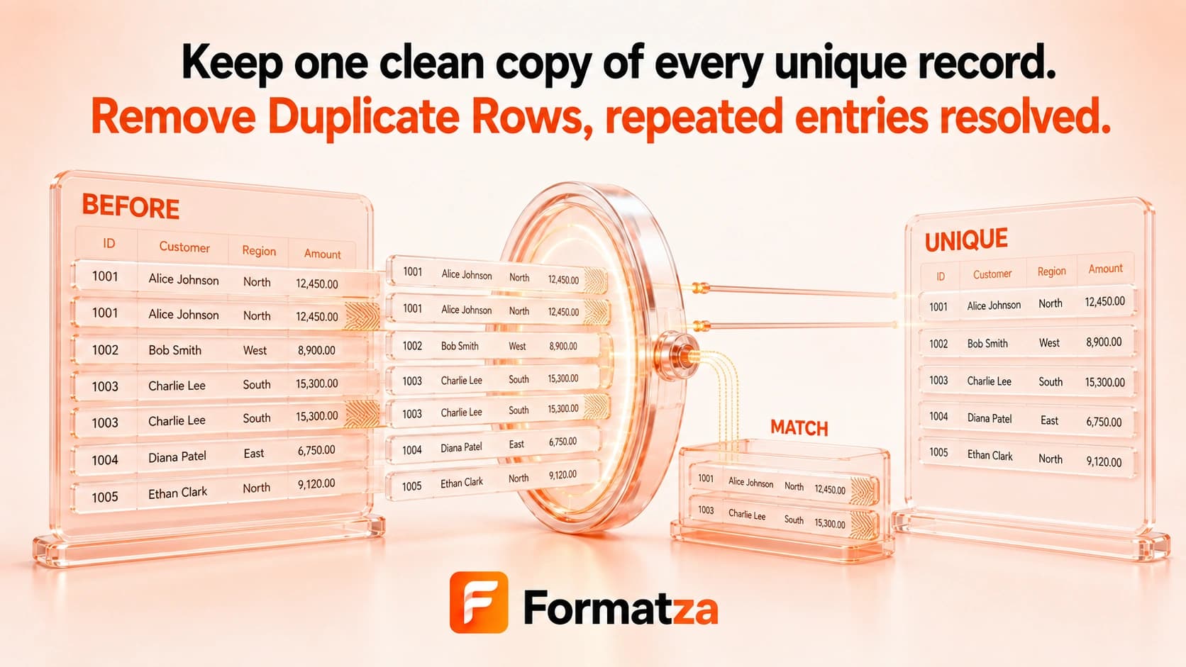 Illustration showing duplicate rows removed from an Excel worksheet