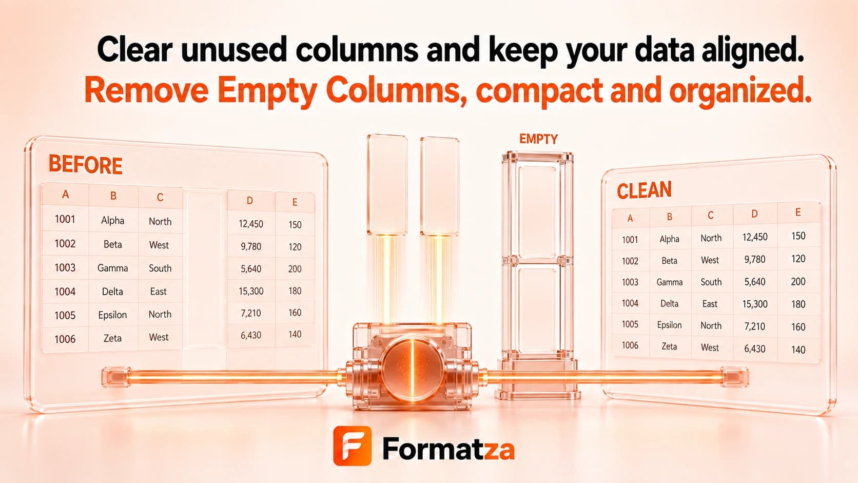 Illustration showing empty columns removed from an Excel worksheet
