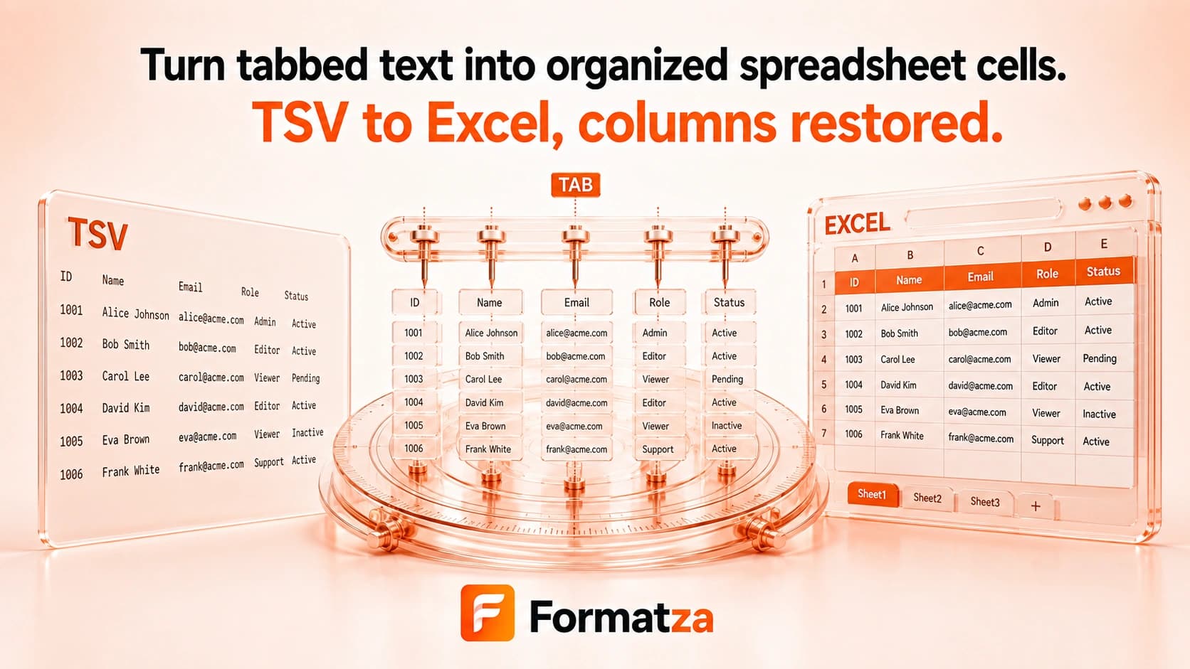 Illustration showing TSV data converted into an Excel workbook