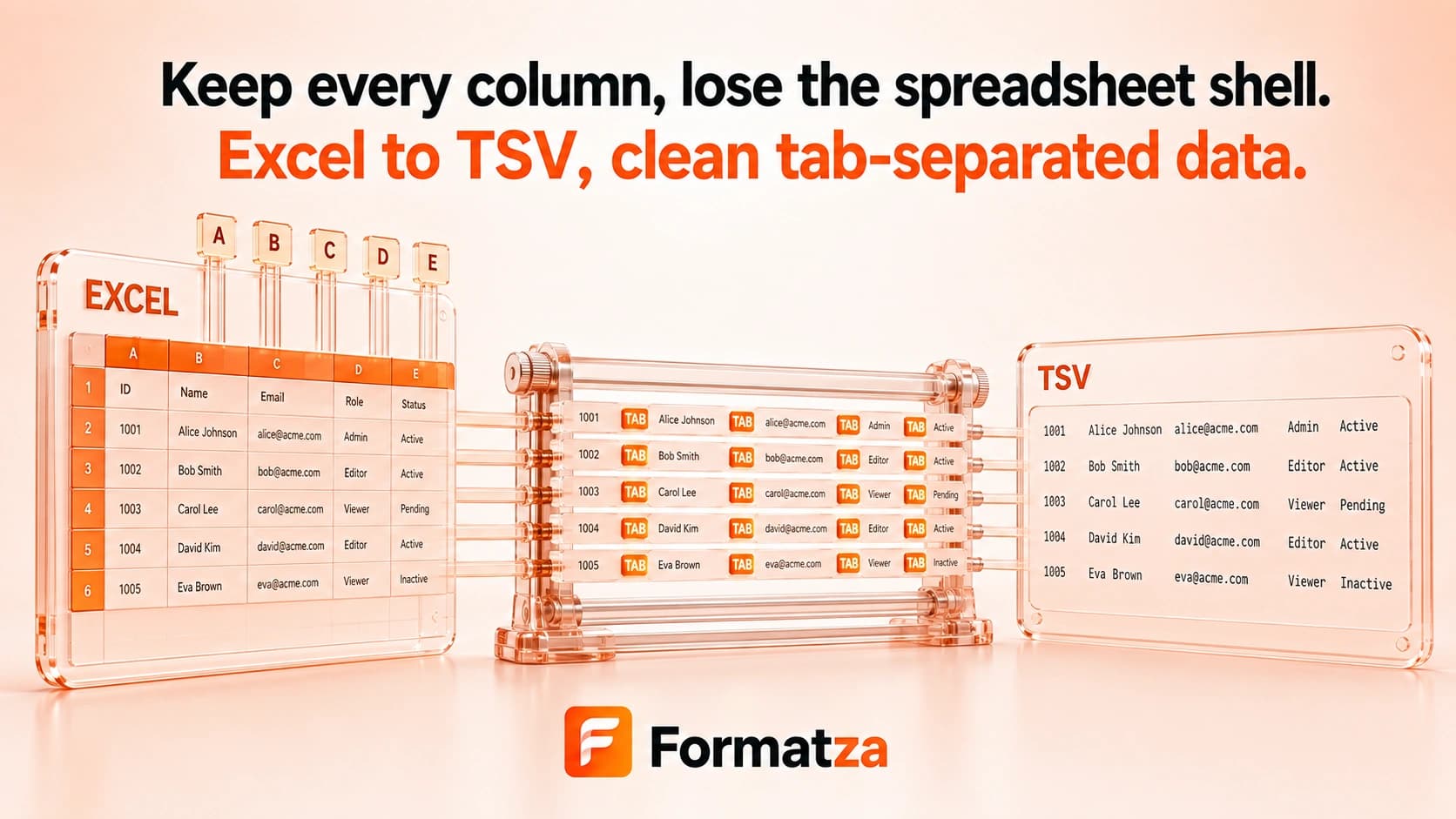 Illustration showing an Excel worksheet converted into a TSV file