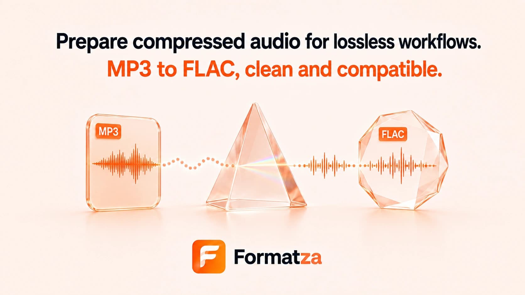 Illustration showing an MP3 audio file converted into the FLAC format