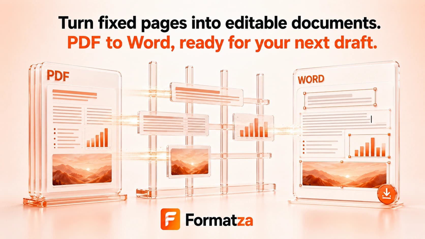 Illustration showing a PDF document converted into a Word document
